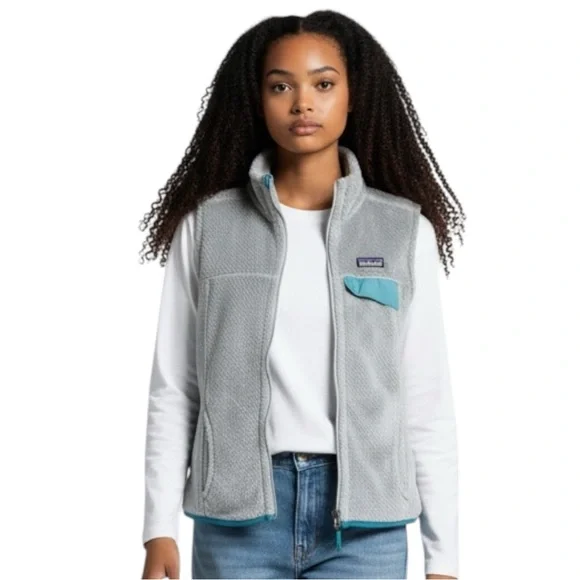 PATAGONIA Re-Tool Fleece Full Zip Vest in Gray w/ Teal Trim Size Small - Picture 6 of 6
